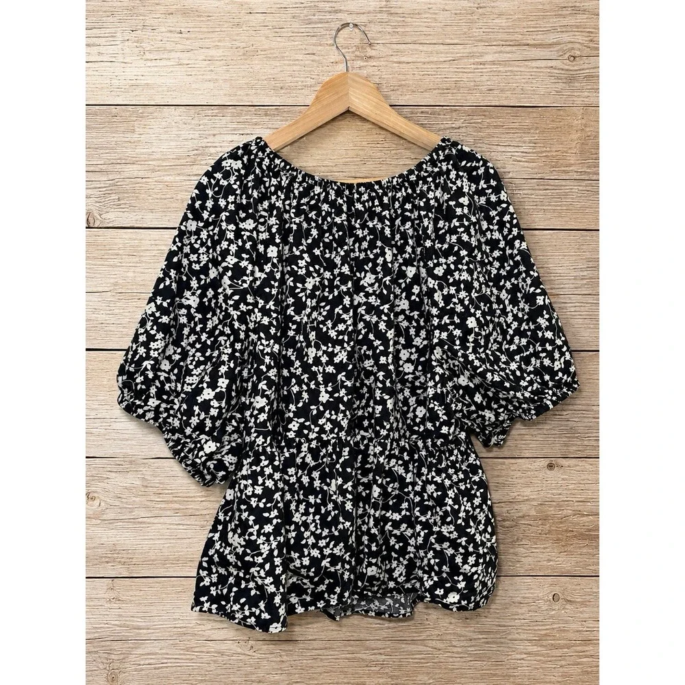 Old Navy Women's 3X Black White Floral Puff Sleeve Peplum Blouse Plus Size